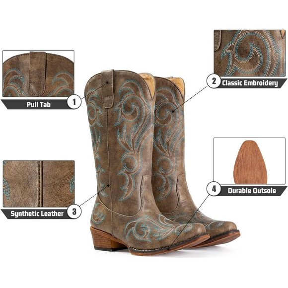 Women Brown Faux Leather Pointy Toe Western Boots Rubber Slip-on - Picture 5 of 6